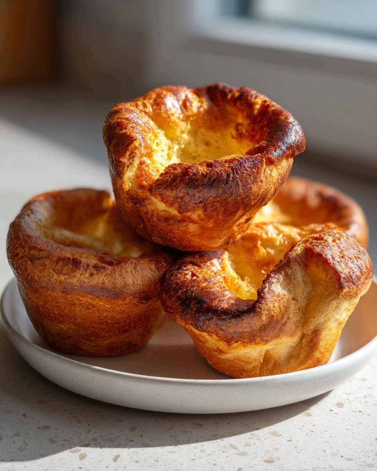 Four golden brown, crispy yorkshire pudding puffs stacked on a light speckled plate, beautifully risen.