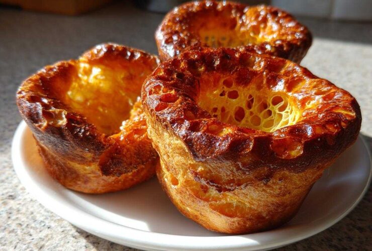 Three perfectly risen, golden brown yorkshire pudding pastries sitting on a white plate, showing their crispy edges.