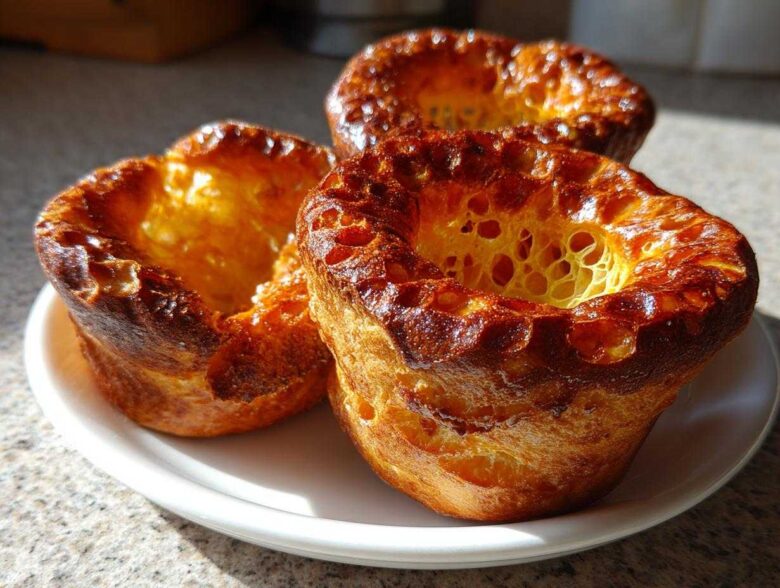 Three perfectly risen, golden brown yorkshire pudding pastries sitting on a white plate, showing their crispy edges.