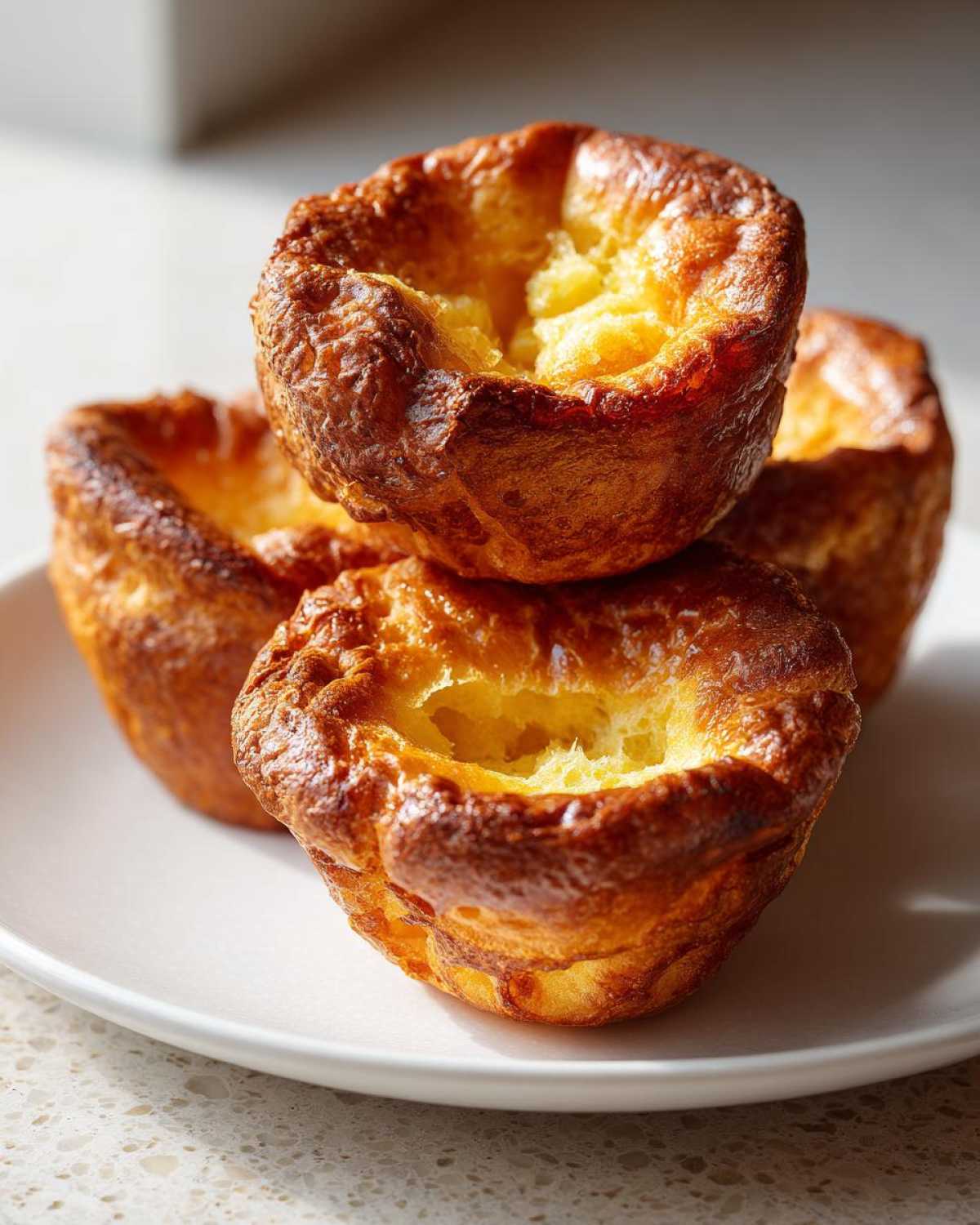 A close-up of three golden brown, crispy yorkshire pudding puffs stacked on a white plate.