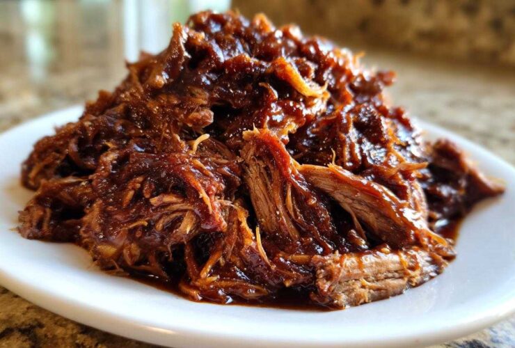 Close-up of a mound of saucy, shredded crock pot pulled pork piled high on a white plate.