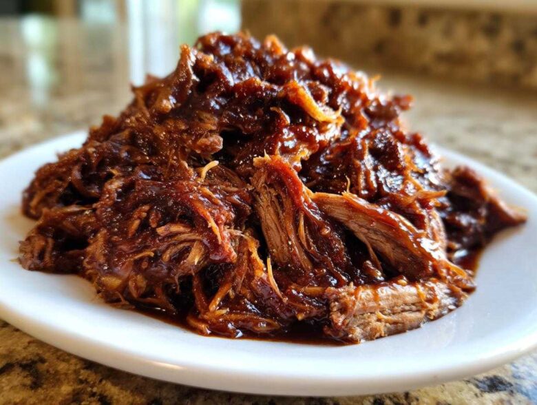 Close-up of a mound of saucy, shredded crock pot pulled pork piled high on a white plate.