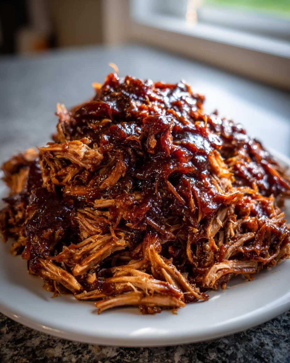 A close-up of a generous pile of saucy, shredded crock pot pulled pork served on a white plate.
