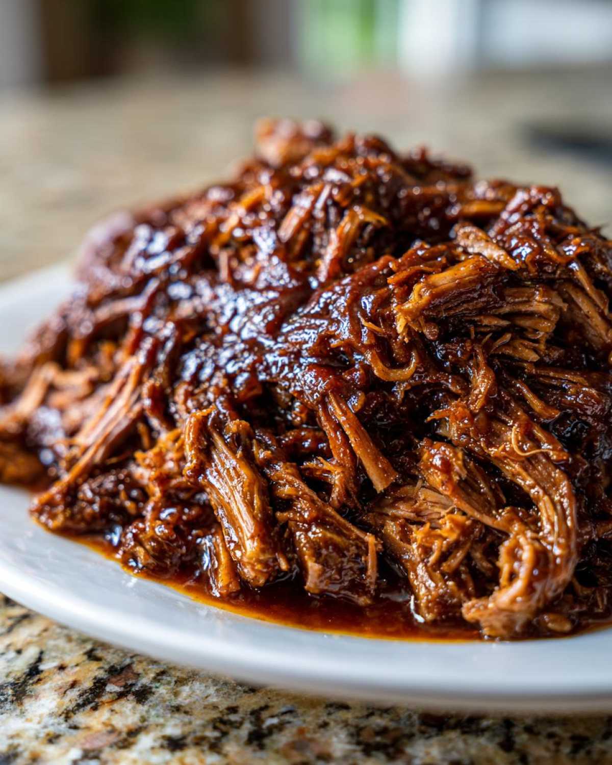 Close-up of shredded, saucy crock pot pulled pork piled high on a white plate.