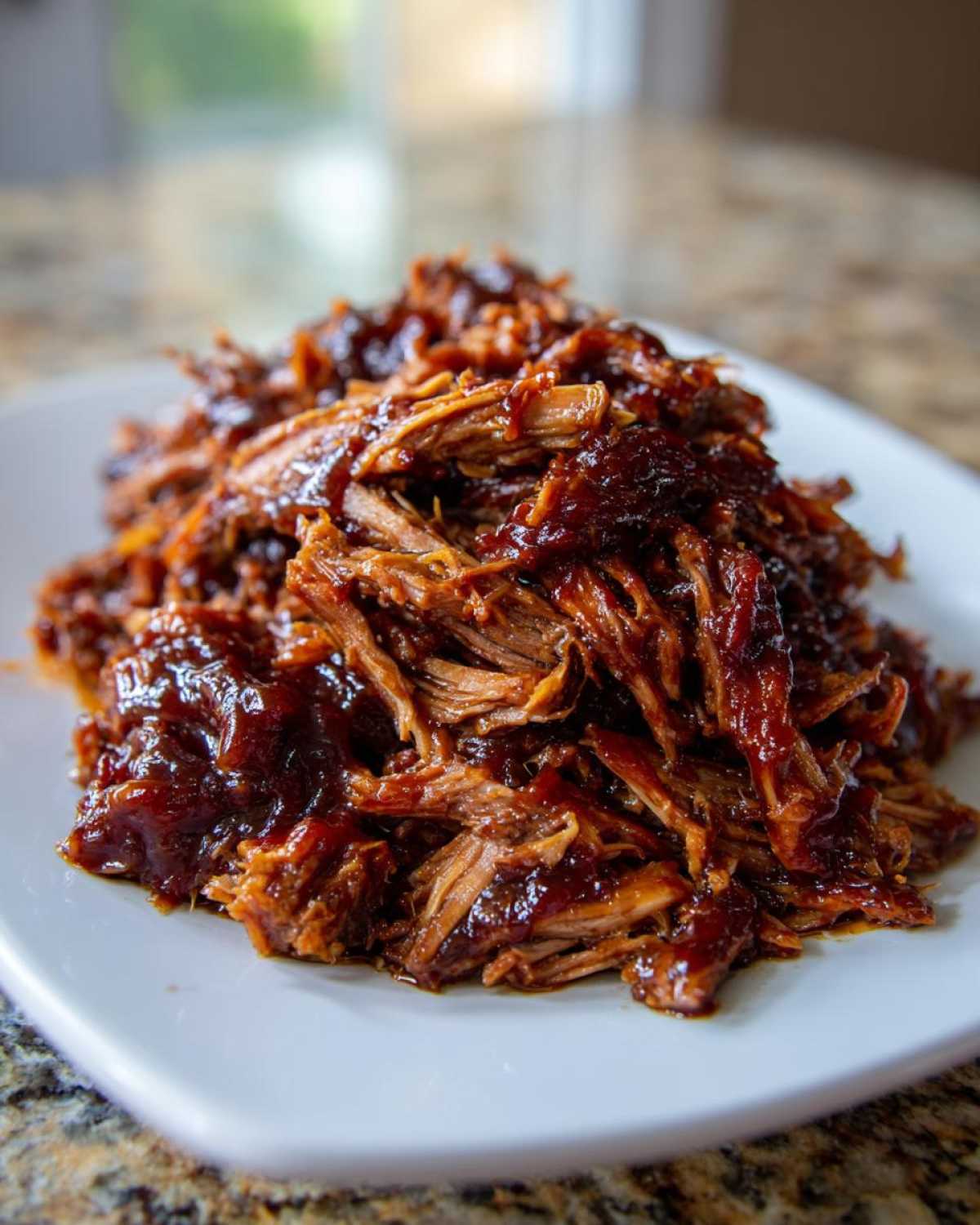 A close-up of tender, shredded crock pot pulled pork coated in rich barbecue sauce served on a white plate.