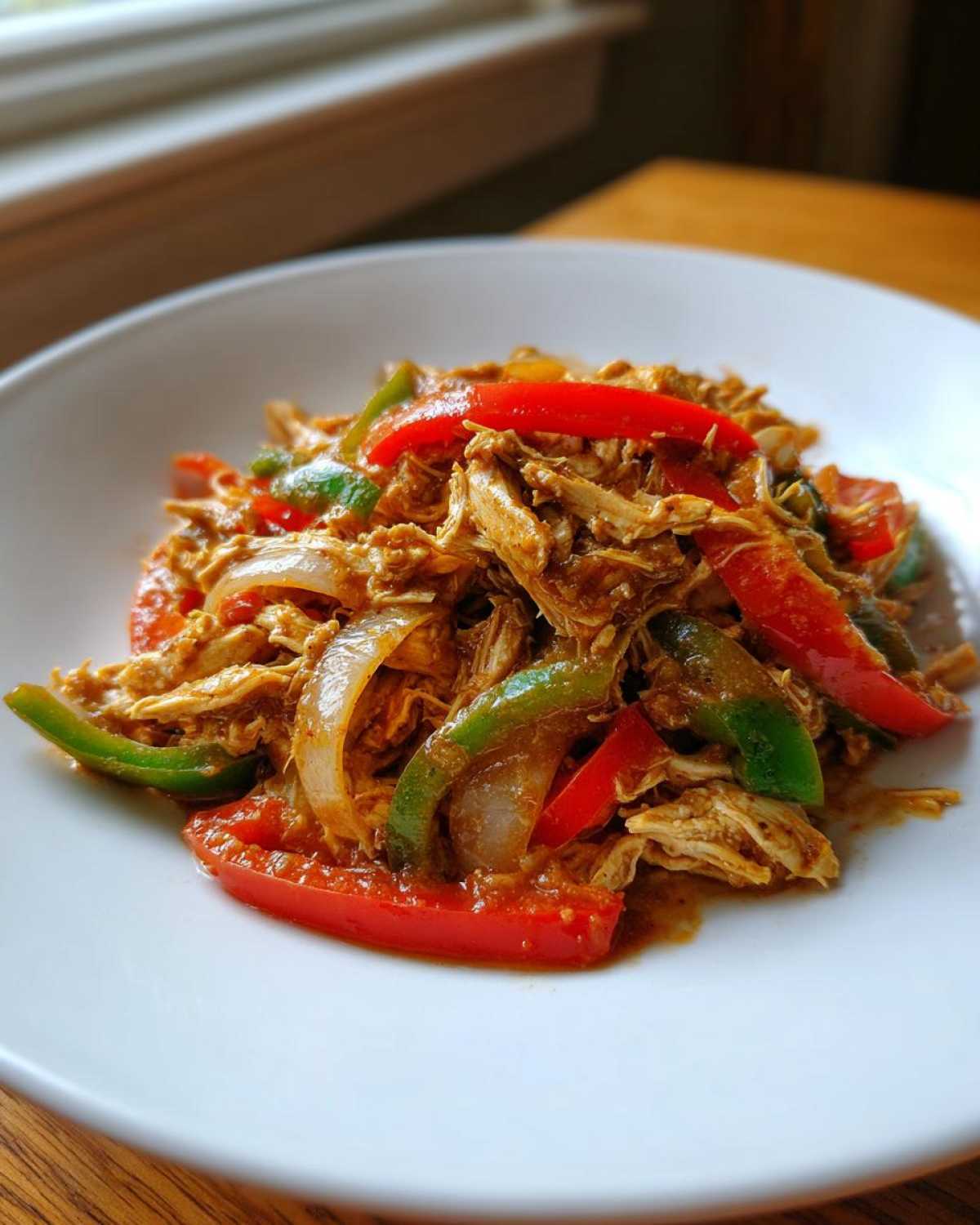 A close-up of shredded chicken mixed with red and green bell peppers and onions, representing crockpot chicken fajitas.
