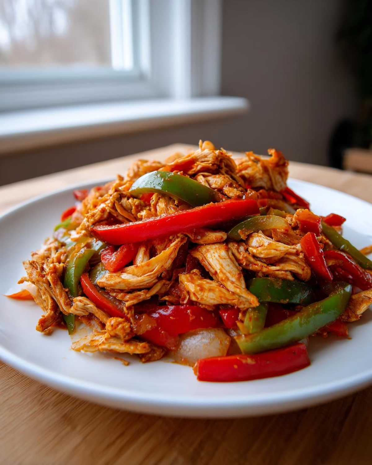 A plate piled high with shredded chicken, red bell peppers, green bell peppers, and onions for crockpot chicken fajitas.