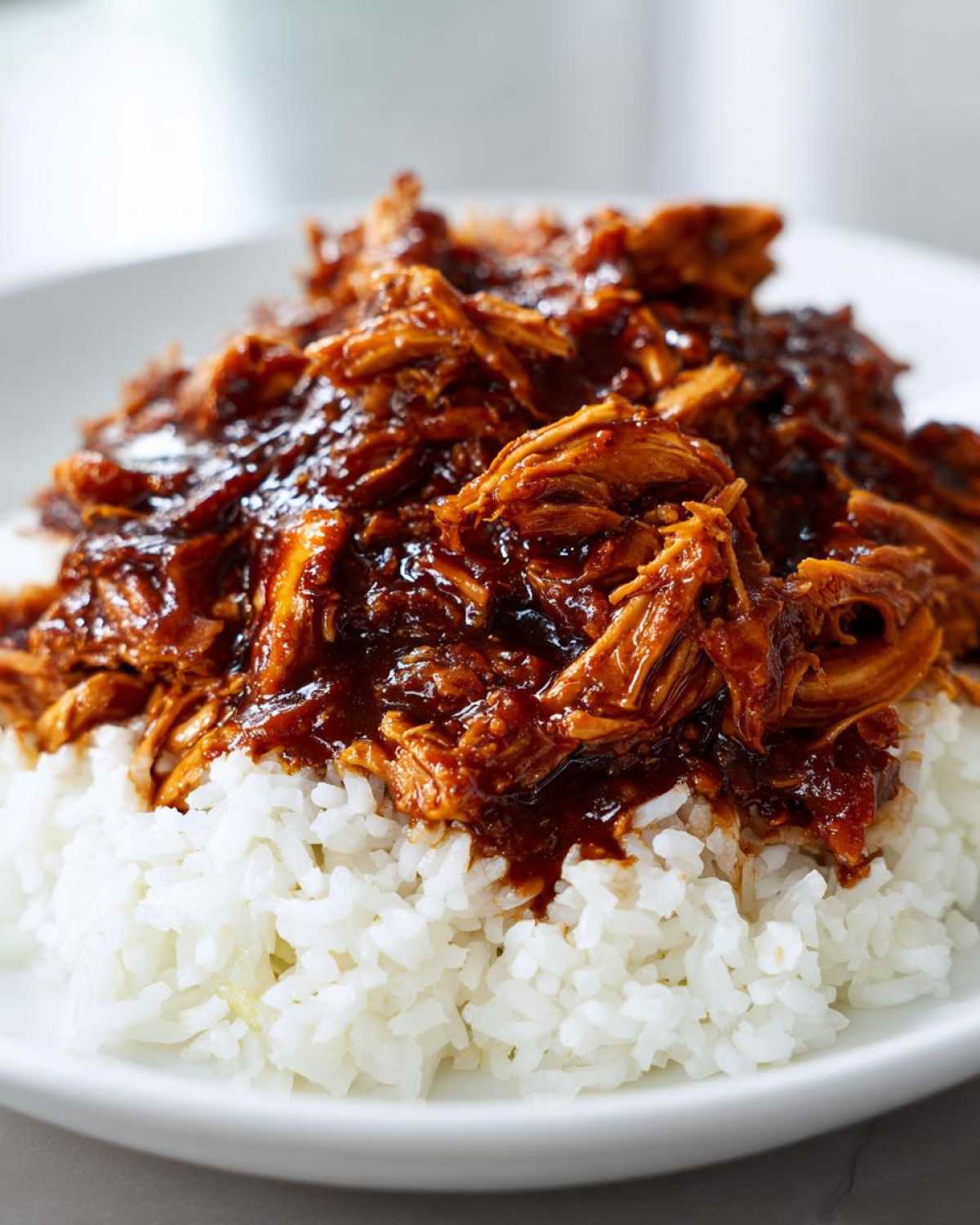 Close-up of shredded crockpot teriyaki chicken smothered in rich sauce served over a bed of white rice.