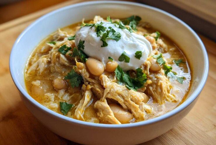 A close-up of a bowl of rich crockpot white chicken chili, topped with sour cream and fresh cilantro.