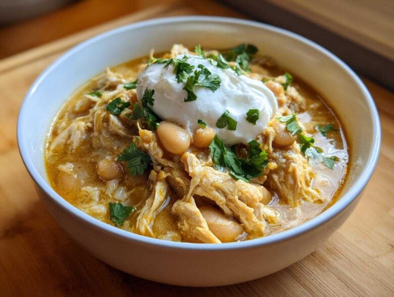 A close-up of a bowl of rich crockpot white chicken chili, topped with sour cream and fresh cilantro.