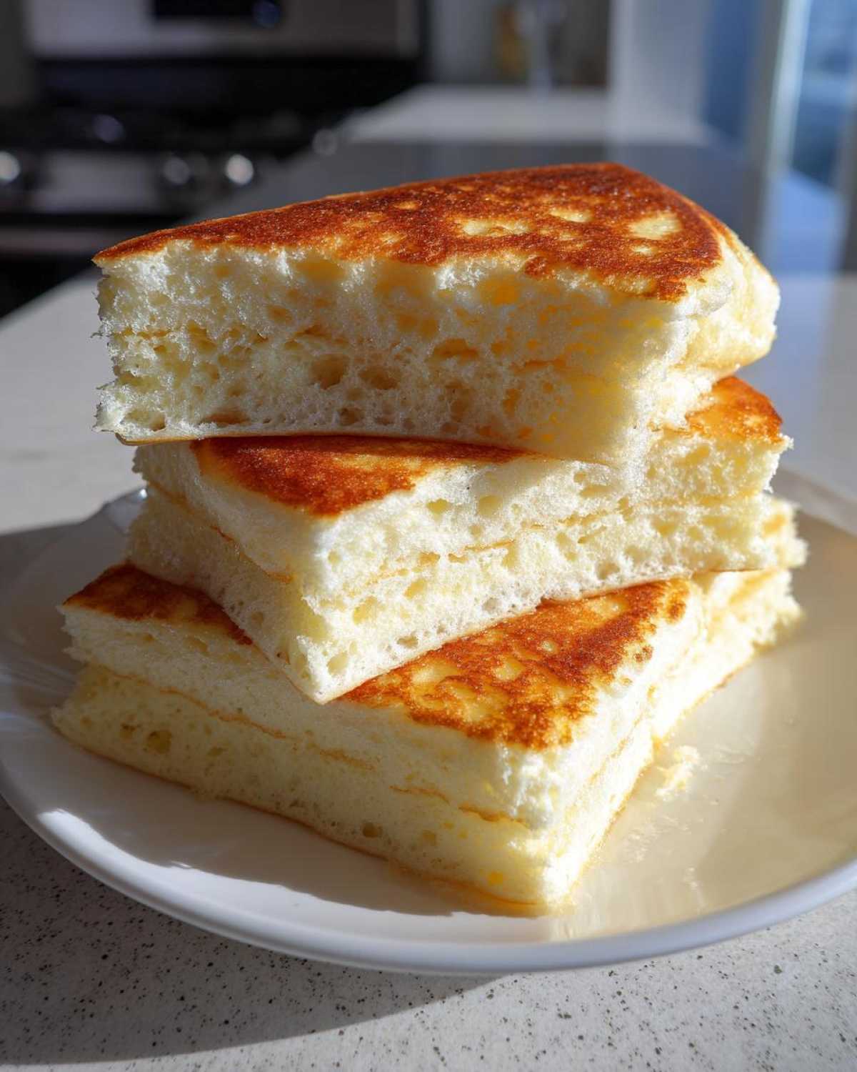 Close-up of stacked, square-cut fluffy pancakes showing their airy, light interior texture.