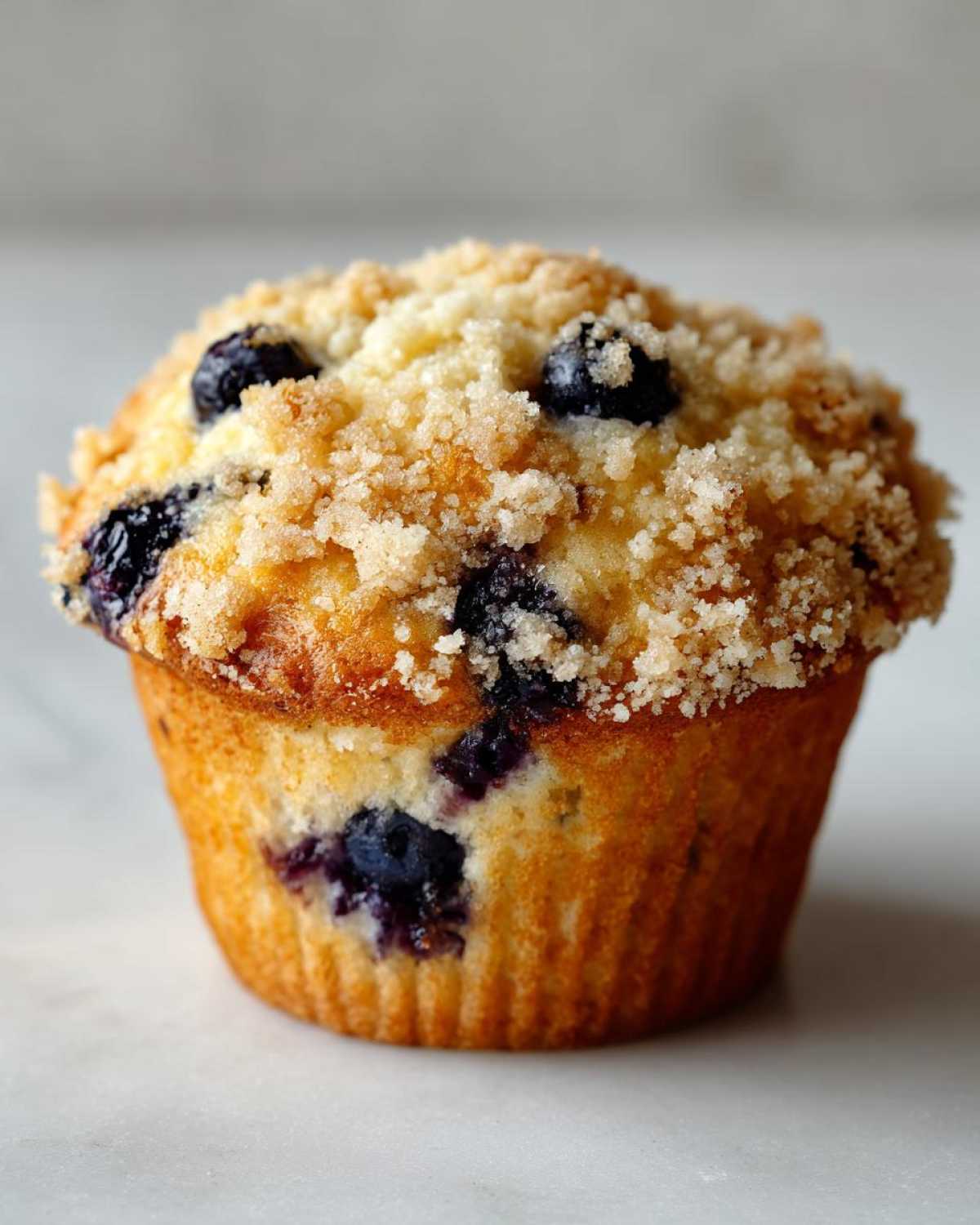 A single, golden-brown blueberry muffin topped with a generous layer of sweet streusel crumb topping.