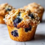 A close-up shot of a golden brown blueberry muffins topped with a generous layer of sugary streusel crumb topping.