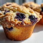 A close-up, sunlit view of a golden blueberry muffins topped with a generous layer of streusel crumb topping.