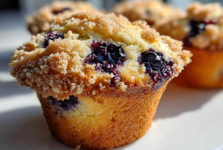 A close-up, sunlit view of a golden blueberry muffins topped with a generous layer of streusel crumb topping.