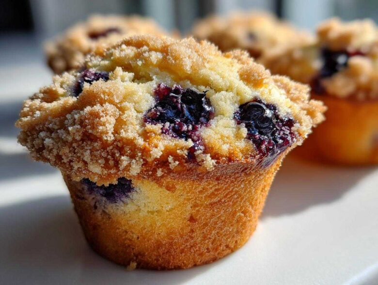 A close-up, sunlit view of a golden blueberry muffins topped with a generous layer of streusel crumb topping.