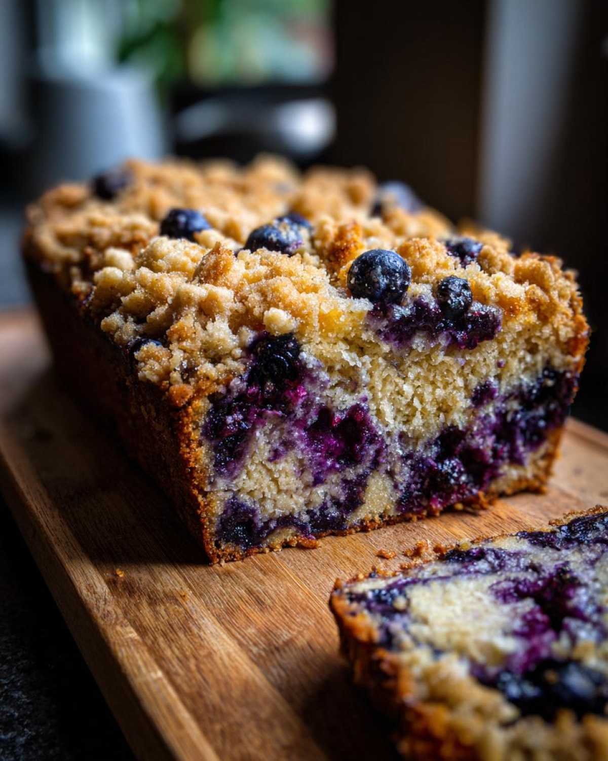 A close-up of a moist blueberry banana bread loaf topped with streusel, with one slice cut and resting beside it.
