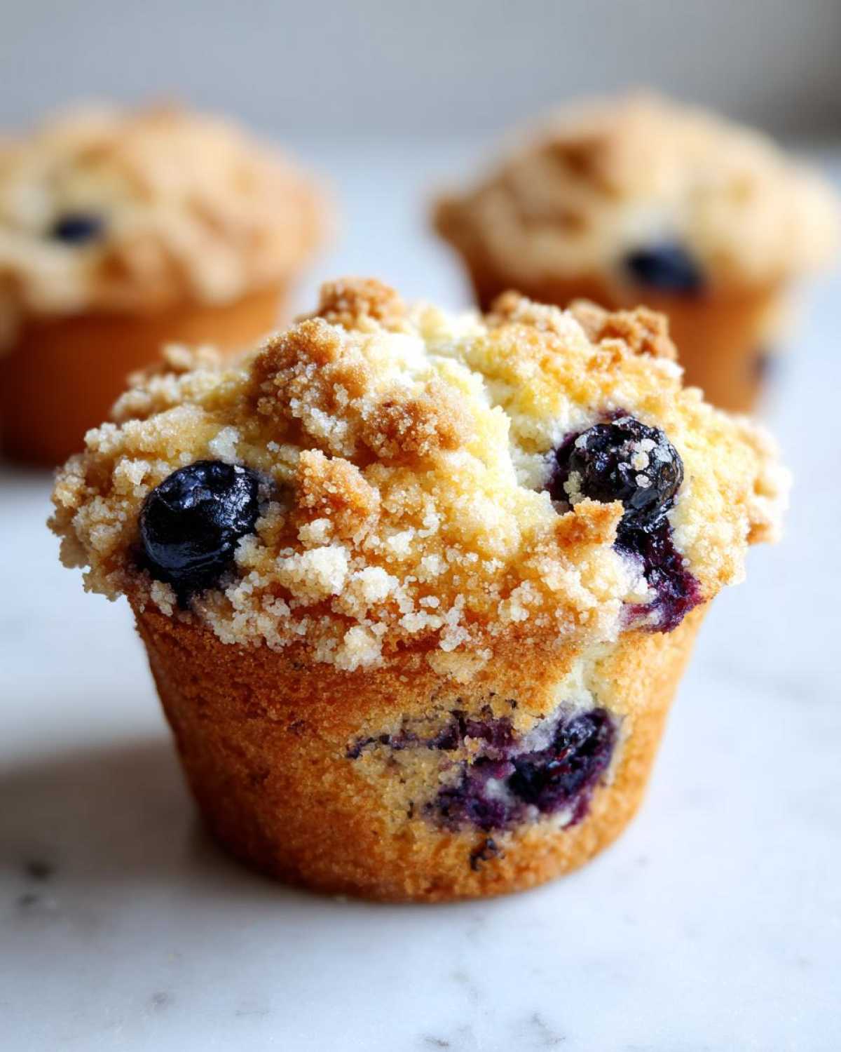 A close-up of a golden brown blueberry muffin topped with a generous layer of sweet streusel crumb topping.