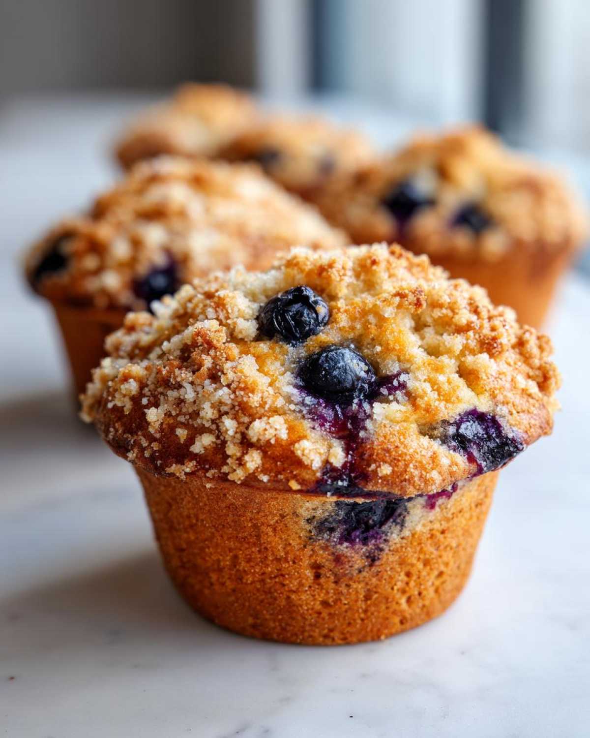 A close-up of a golden brown blueberry muffin topped with crunchy streusel, with more blueberry muffins blurred in the background.