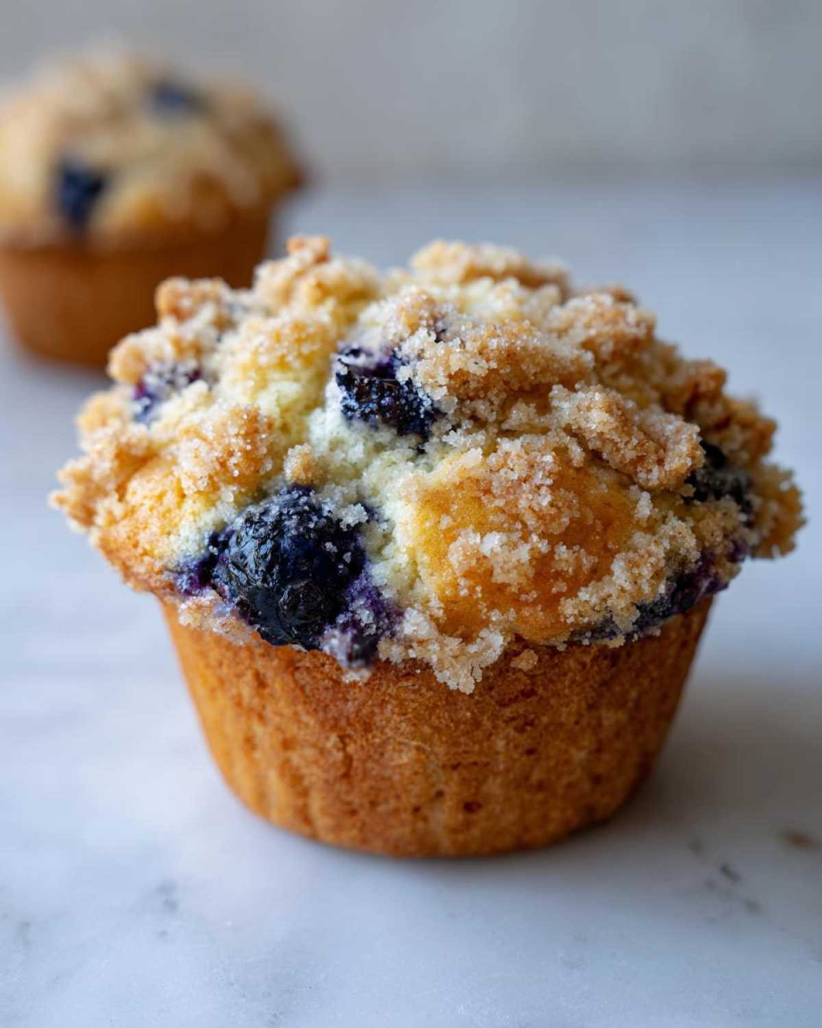 A close-up of a golden brown blueberry muffin topped with sweet streusel and visible fresh blueberries.