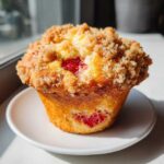A single, golden brown strawberry muffin with a generous crumb topping, featuring visible pieces of bright red strawberry.