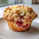 A close-up of a single, golden-brown strawberry muffin with a generous crumb topping, sitting on a white plate.