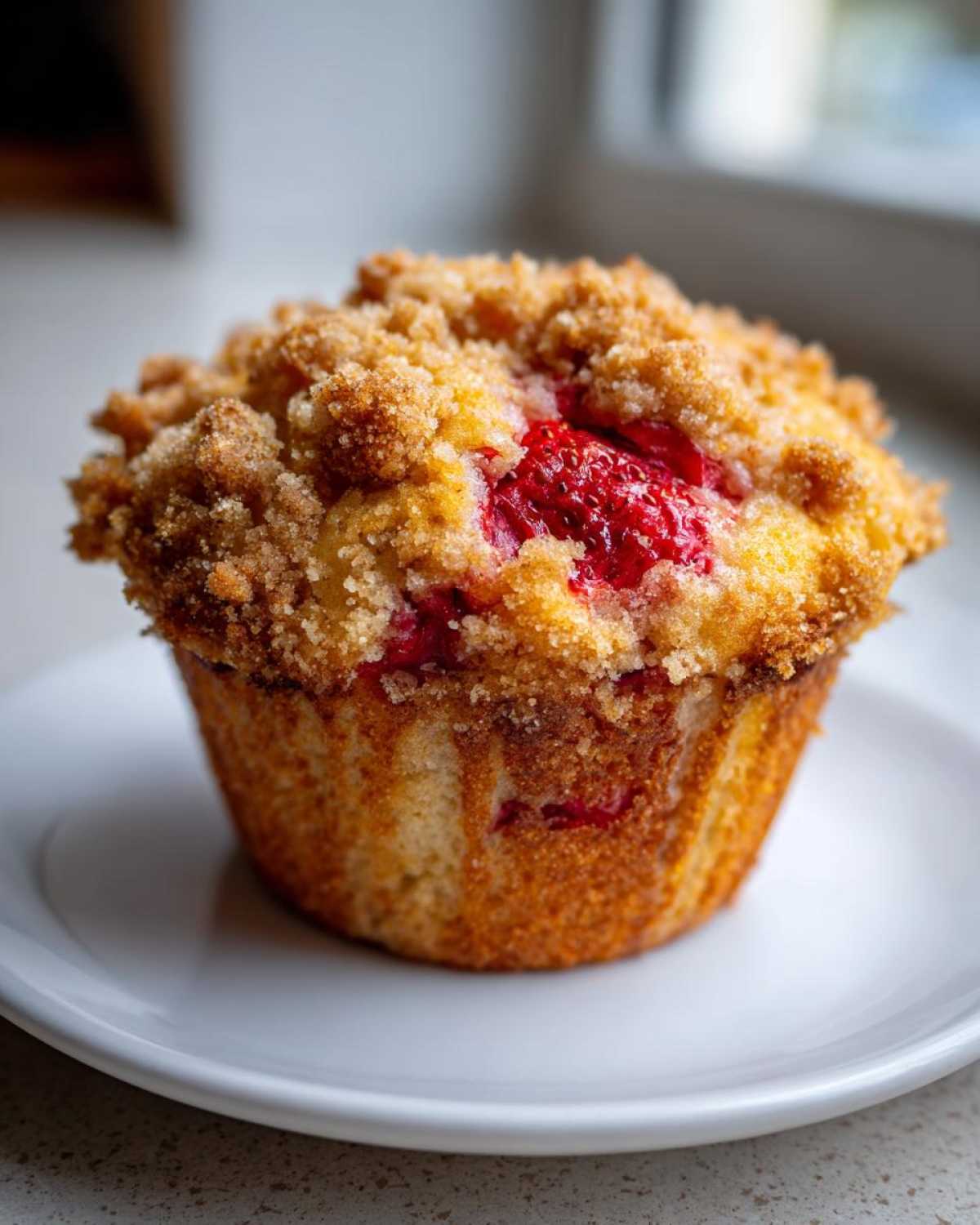A single, delicious strawberry muffin with a golden crumb topping sits on a white plate.