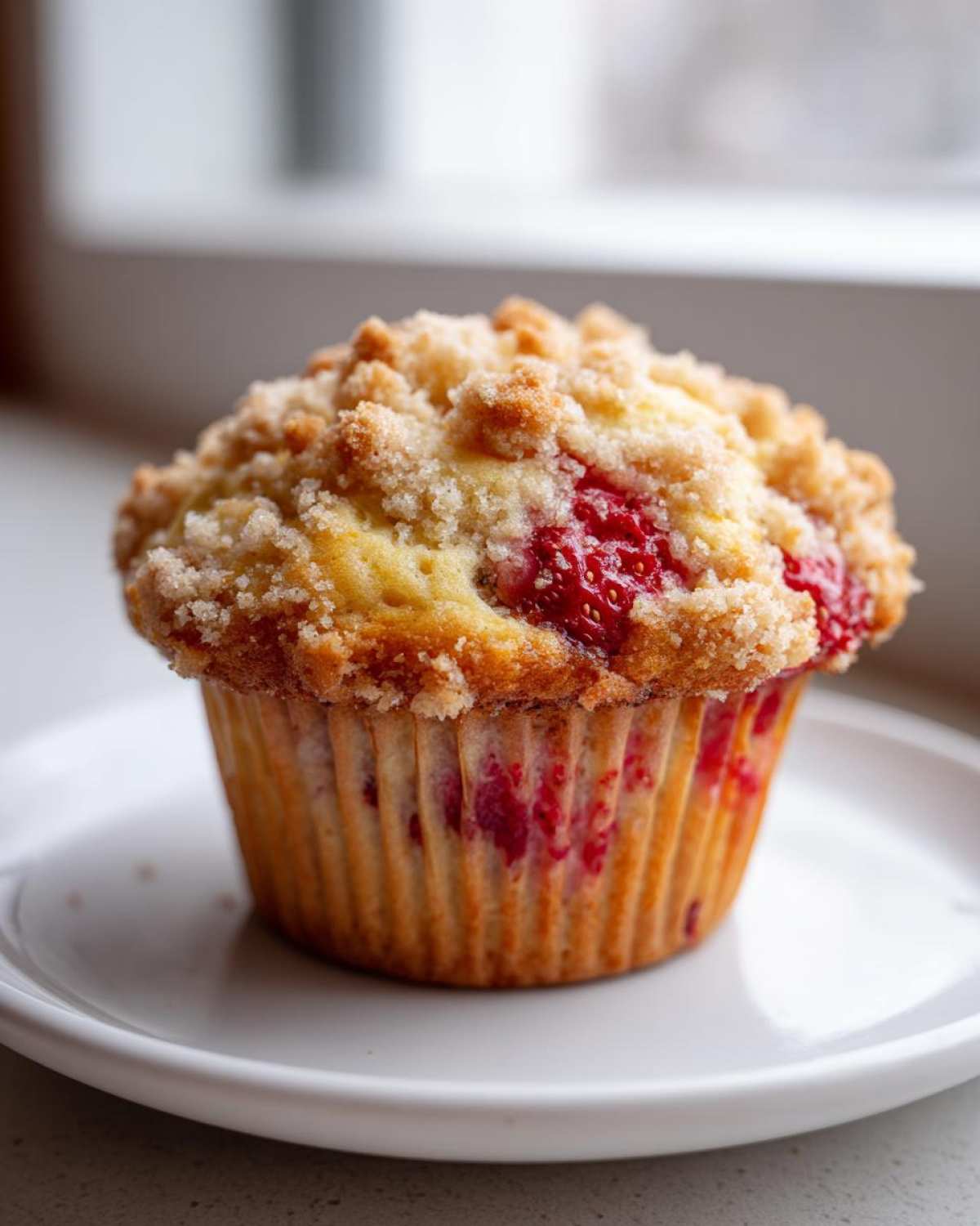 A single, delicious strawberry muffin with a golden crumb topping sitting on a white plate.
