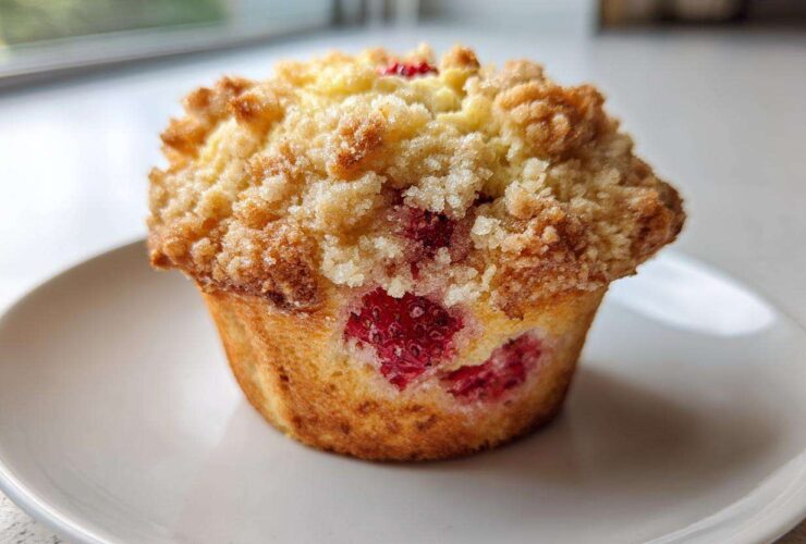 A close-up of a single, golden-brown strawberry muffin with a generous crumb topping, sitting on a white plate.