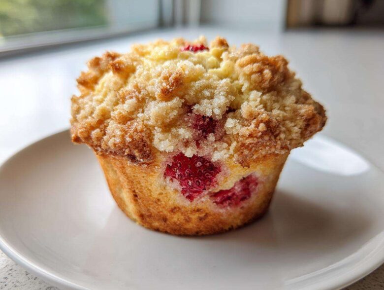 A close-up of a single, golden-brown strawberry muffin with a generous crumb topping, sitting on a white plate.