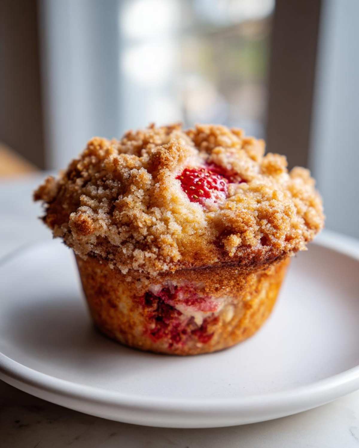 A single, golden brown strawberry muffins topped with a thick, sugary crumb topping, served on a white plate.