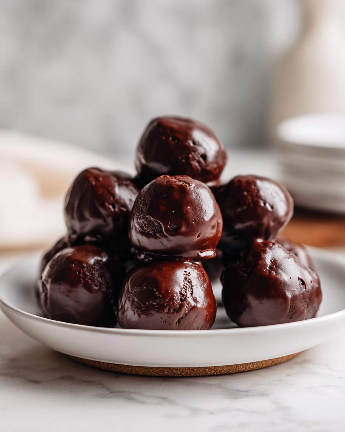 A stack of rich, dark chocolate coated Oreo balls resting on a small white plate.