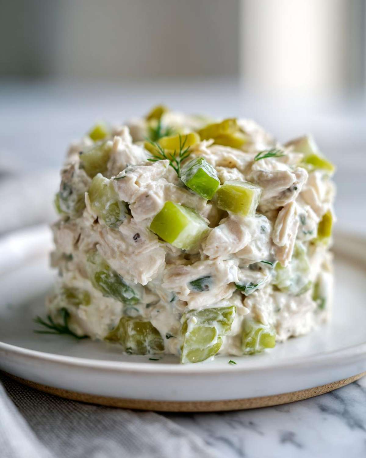 A perfectly molded serving of creamy dill pickle chicken salad topped with chopped pickles and fresh dill.