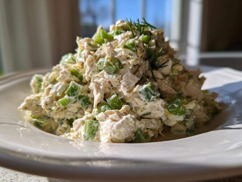 Close-up of a creamy mound of dill pickle chicken salad mixed with green pickle pieces, garnished with fresh dill.