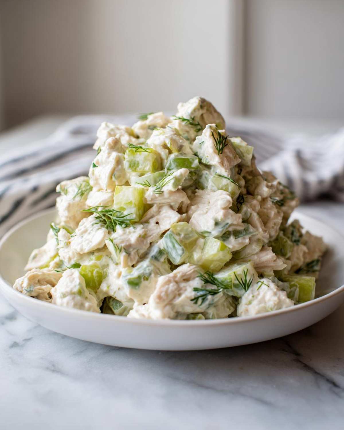 A generous mound of creamy dill pickle chicken salad with visible chunks of chicken and pickles, garnished with fresh dill.