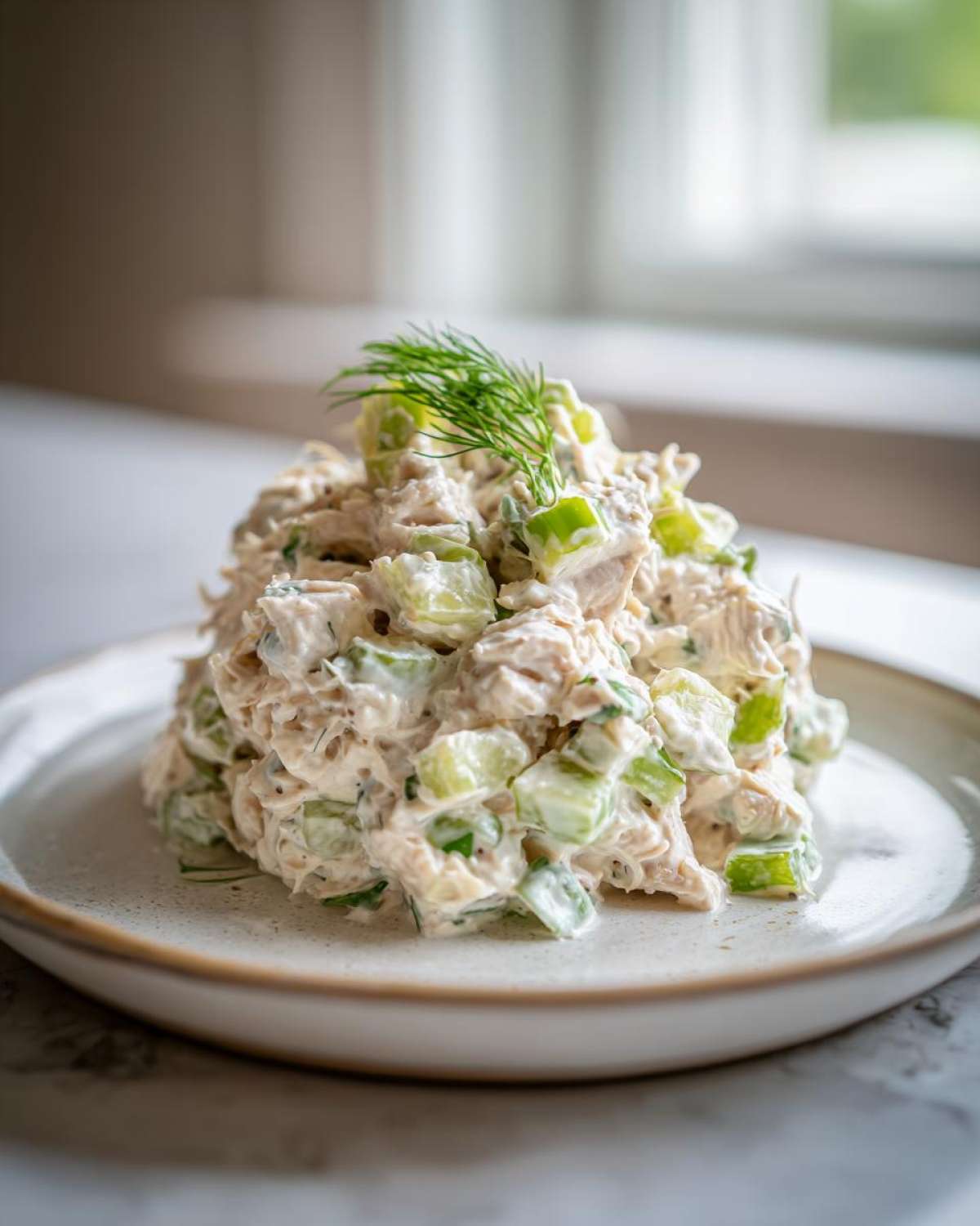 A mound of creamy dill pickle chicken salad, featuring chunks of chicken and pickles, garnished with fresh dill.