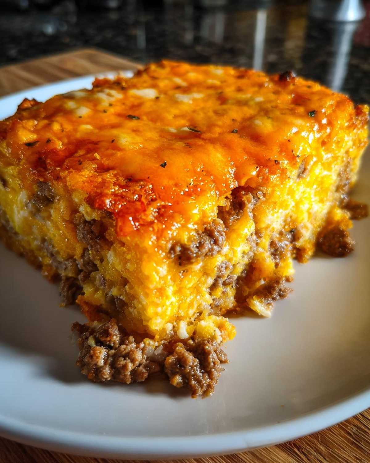 A close-up shot of a hearty slice of Dorito Casserole featuring layers of seasoned ground beef and a thick, melted cheddar cheese topping.