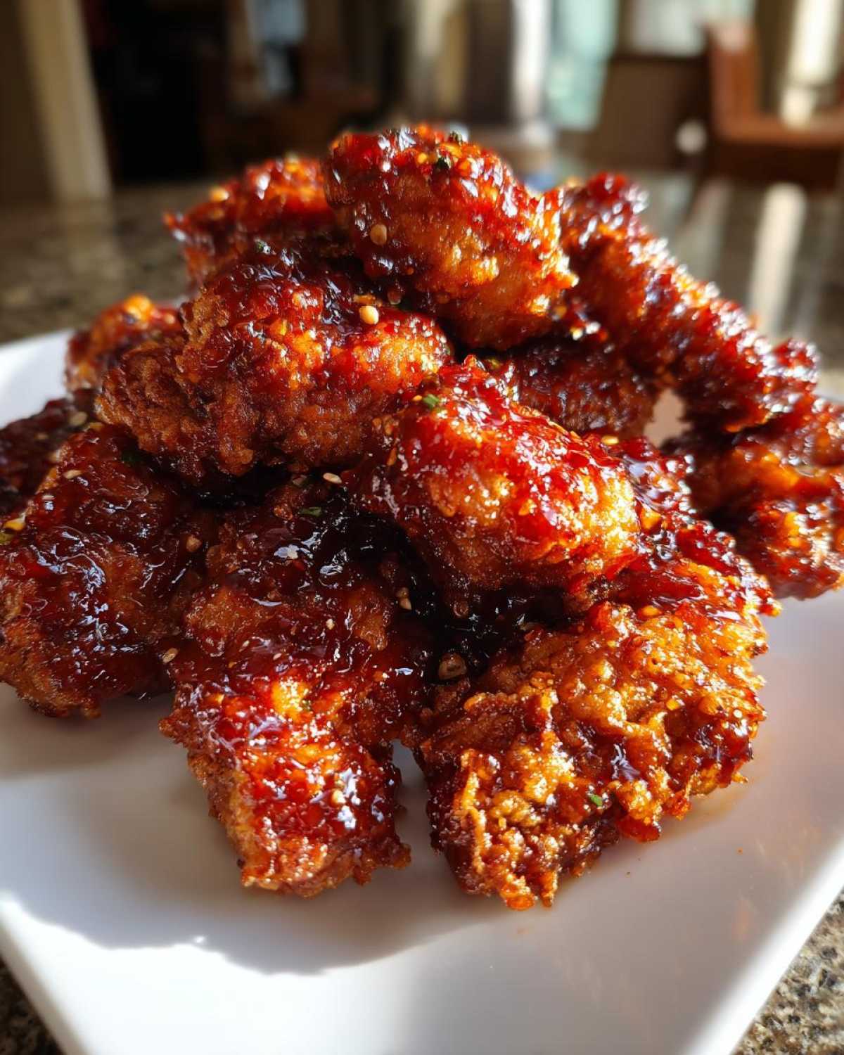 A pile of crispy, double-fried korean fried chicken coated in a shiny, dark red sweet and spicy glaze, sprinkled with sesame seeds.