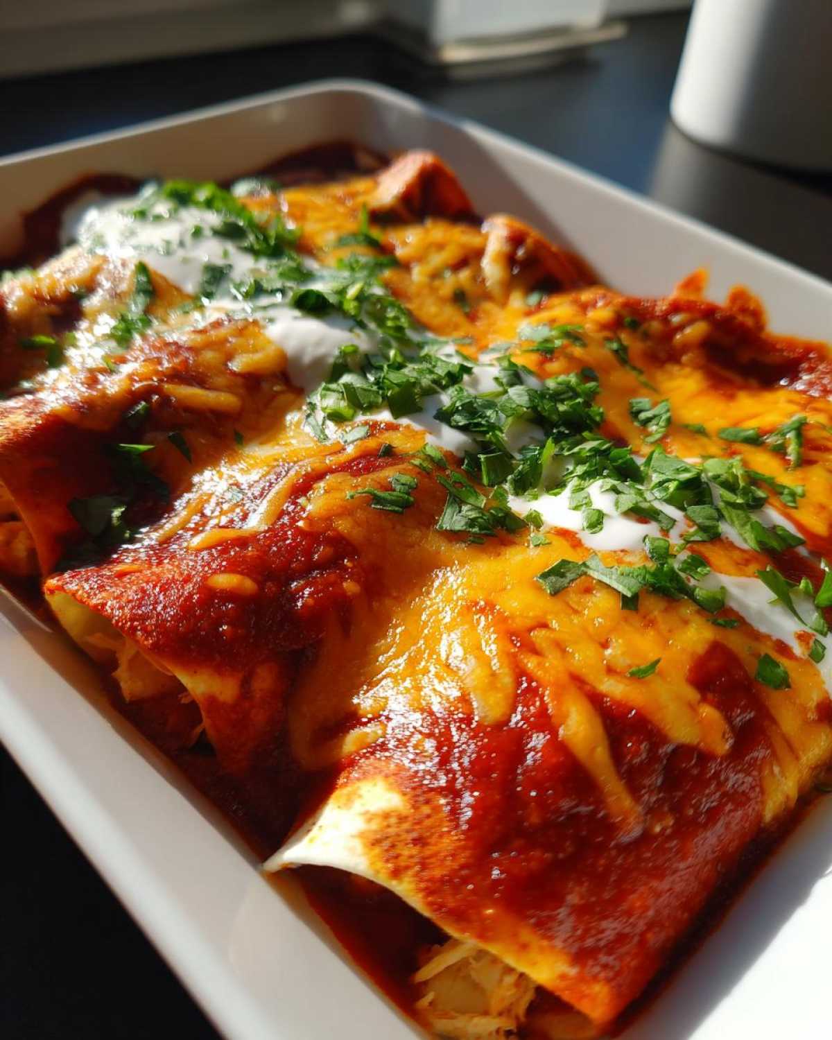 Close-up of baked easy chicken enchiladas covered in red sauce, melted cheese, sour cream, and cilantro.