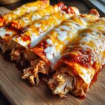 Close-up of several easy chicken enchiladas smothered in red sauce, melted cheese, and sour cream on a wooden board.