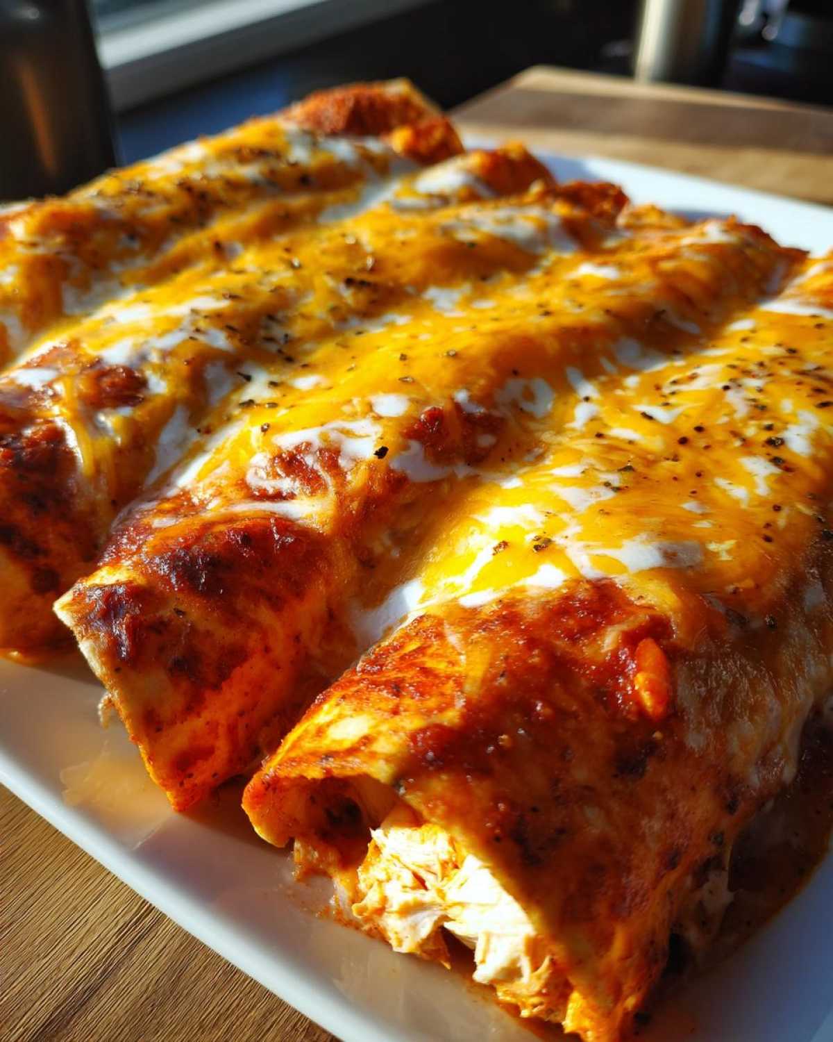 Close-up of baked easy chicken enchiladas topped with melted orange cheese and sour cream.