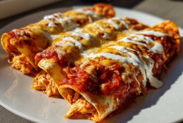 Close-up of three rolled easy chicken enchiladas covered in red sauce, melted cheese, and sour cream.