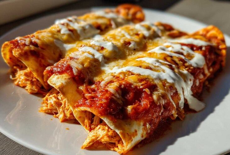 Close-up of three rolled easy chicken enchiladas covered in red sauce, melted cheese, and sour cream.