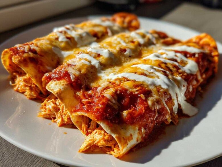 Close-up of three rolled easy chicken enchiladas covered in red sauce, melted cheese, and sour cream.