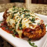 A close-up of a golden-brown breaded chicken breast topped with marinara sauce, melted mozzarella, and fresh basil, representing Easy Chicken Parmesan.