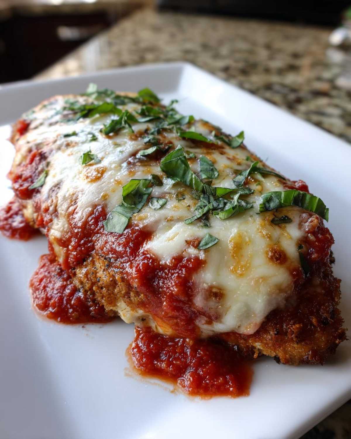 A close-up of a breaded chicken breast topped with melted mozzarella, marinara sauce, and fresh basil, representing Easy Chicken Parmesan.