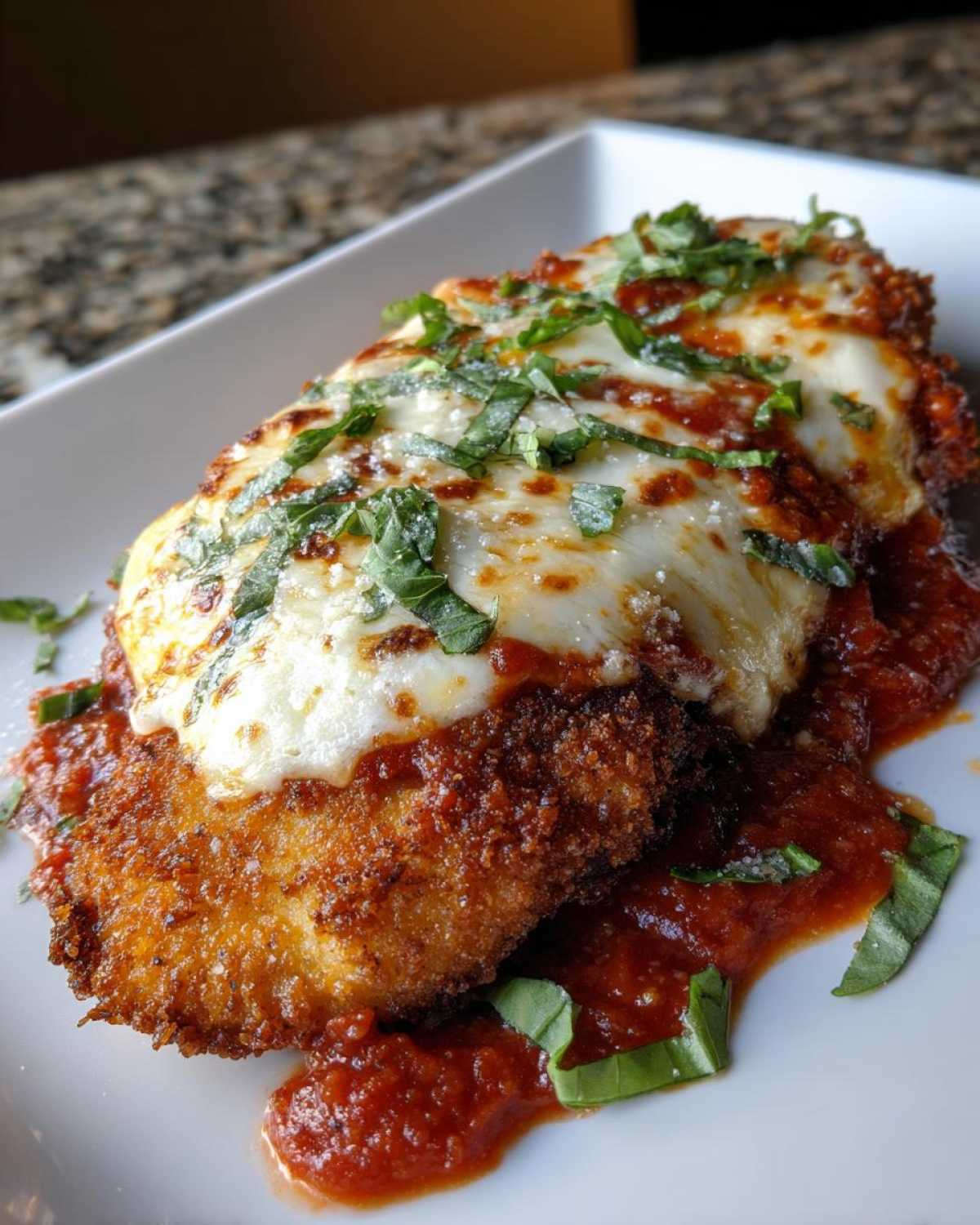 Close-up of a breaded chicken cutlet topped with melted mozzarella, marinara sauce, and fresh basil for Easy Chicken Parmesan.