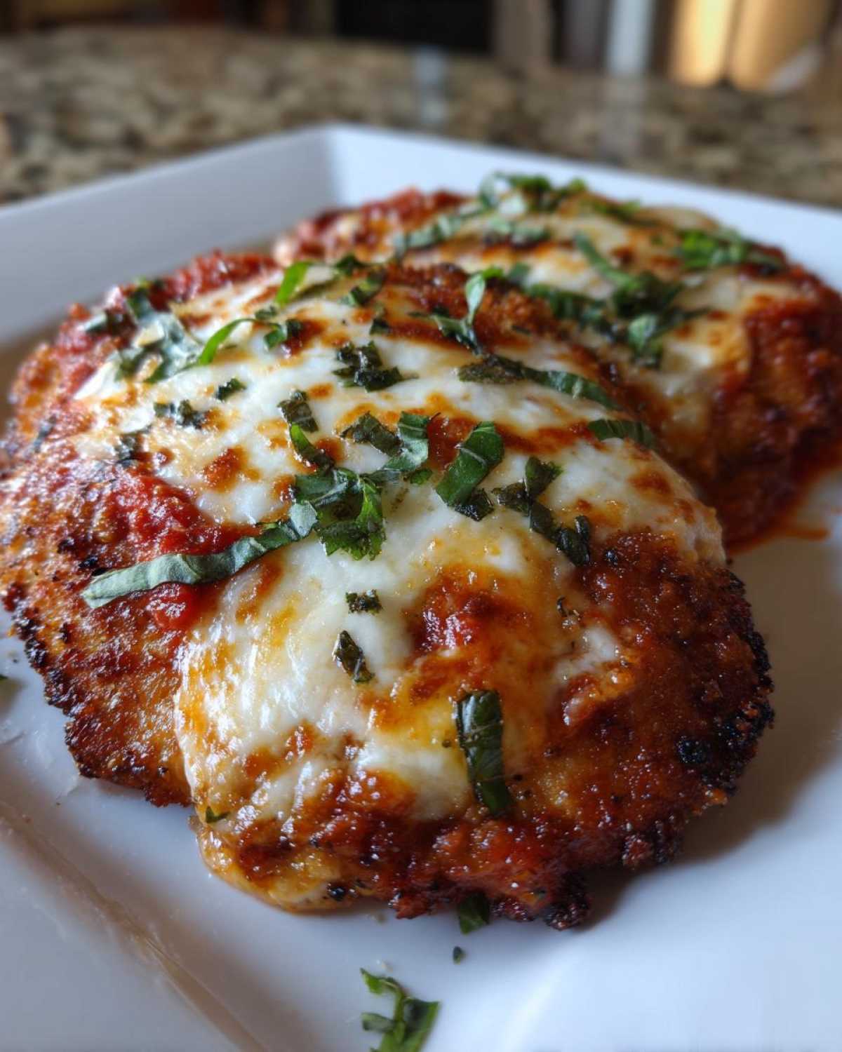 Close-up of two breaded chicken cutlets topped with marinara sauce, melted mozzarella, and fresh basil, ready to eat Easy chicken Parmesan.