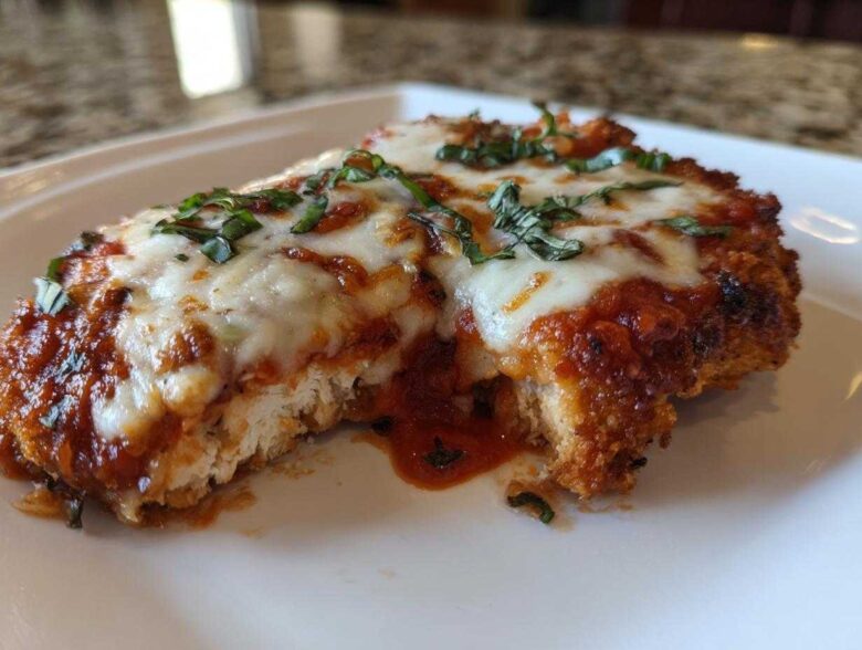 Close-up of a serving of Easy Chicken Parmesan with melted mozzarella, marinara sauce, and fresh basil.