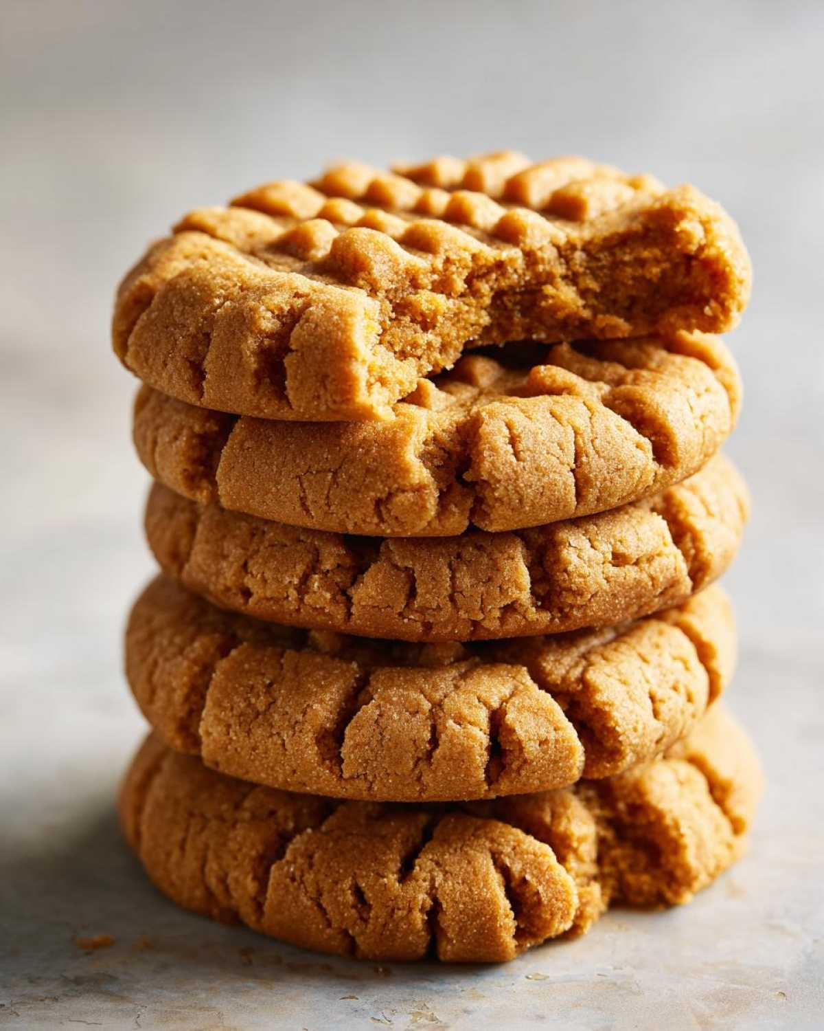 A stack of four soft Easy Peanut Butter Cookies, with the top cookie having a bite taken out, showing the texture.